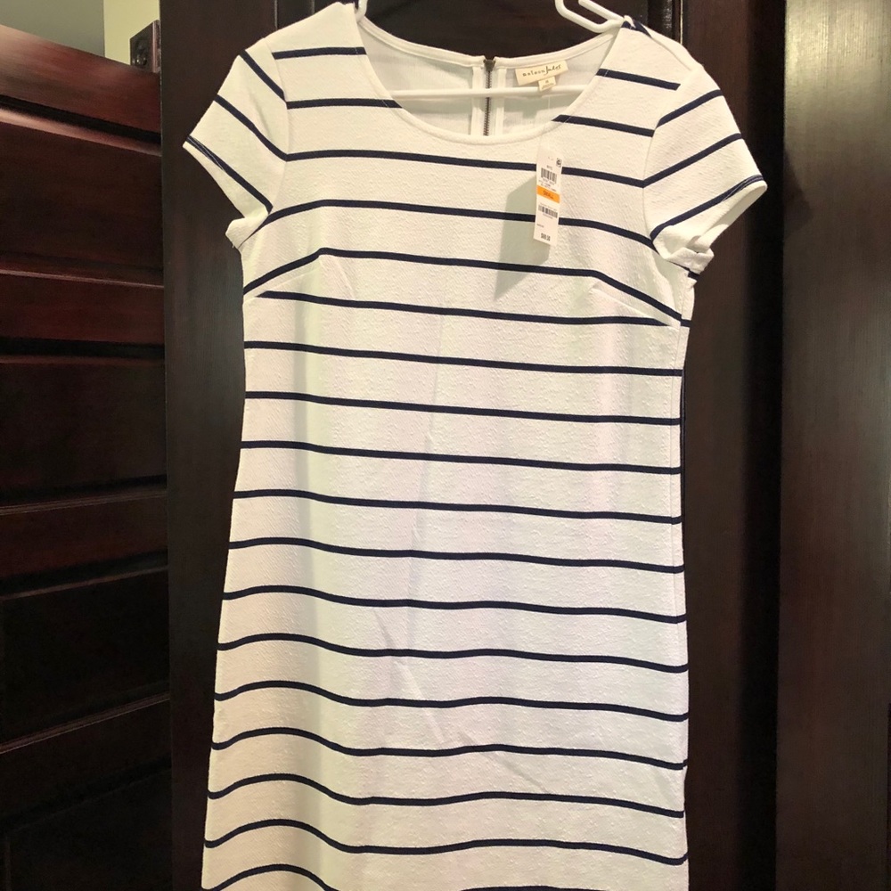 Maison Jules navy blue stripped white dress.